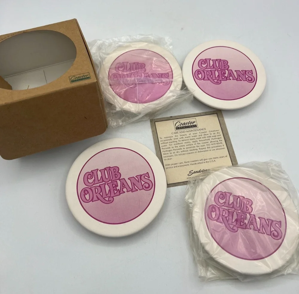 Club Orleans Casino Sandstone Drink Coasters Set of 4 Pink Logo With Box